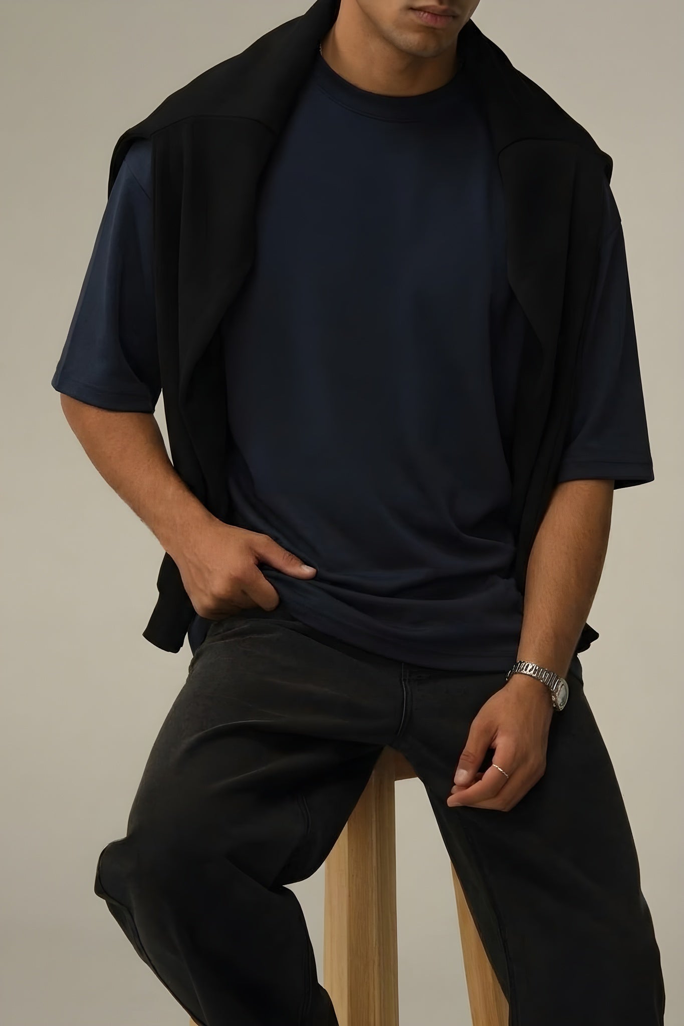 Erkek Lacivert Bisiklet Yaka Düz Basic Baskısız Oversize Salas T-Shirt