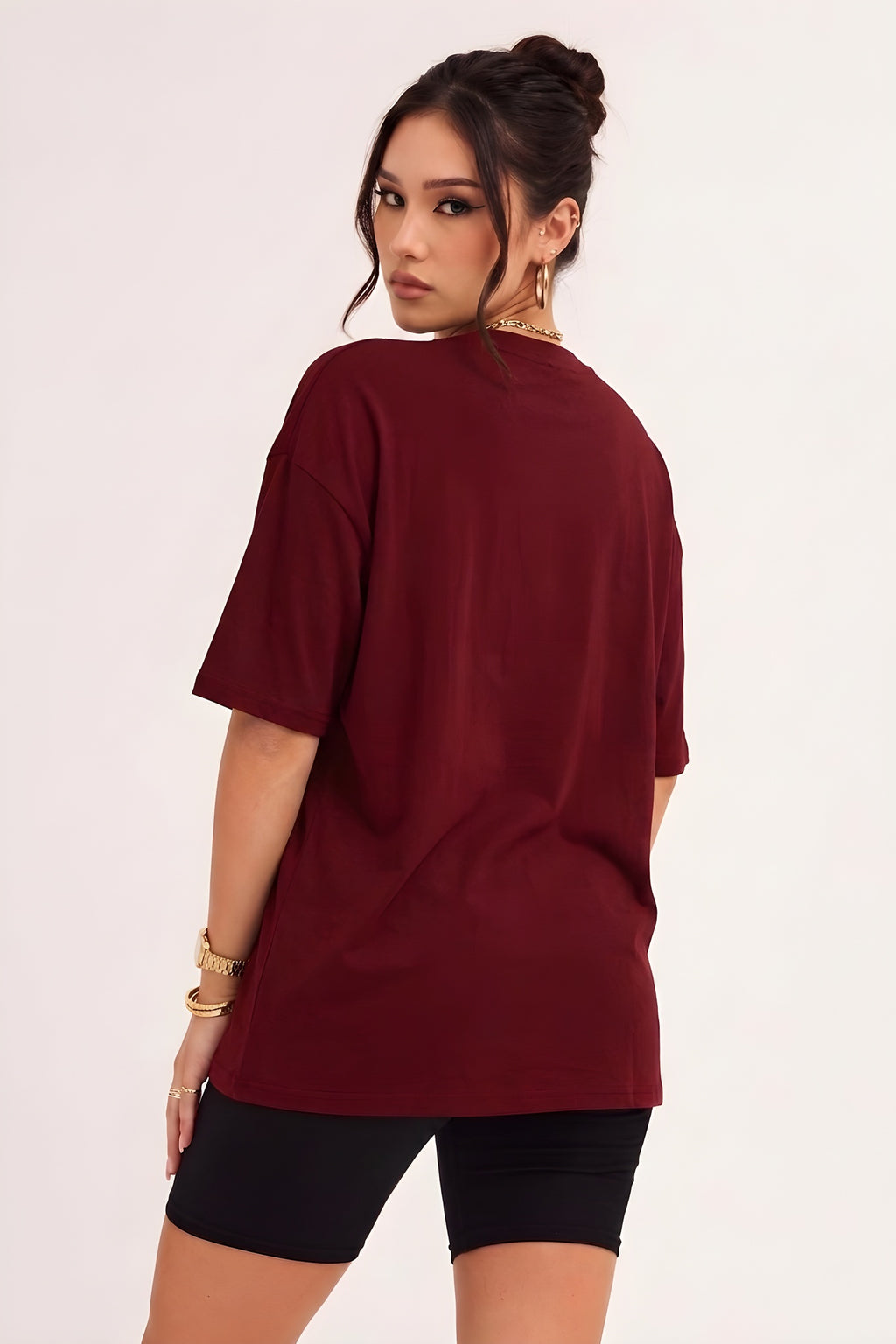 Kadın Bordo Basic Düz Baskısız Oversize Salas T-Shirt