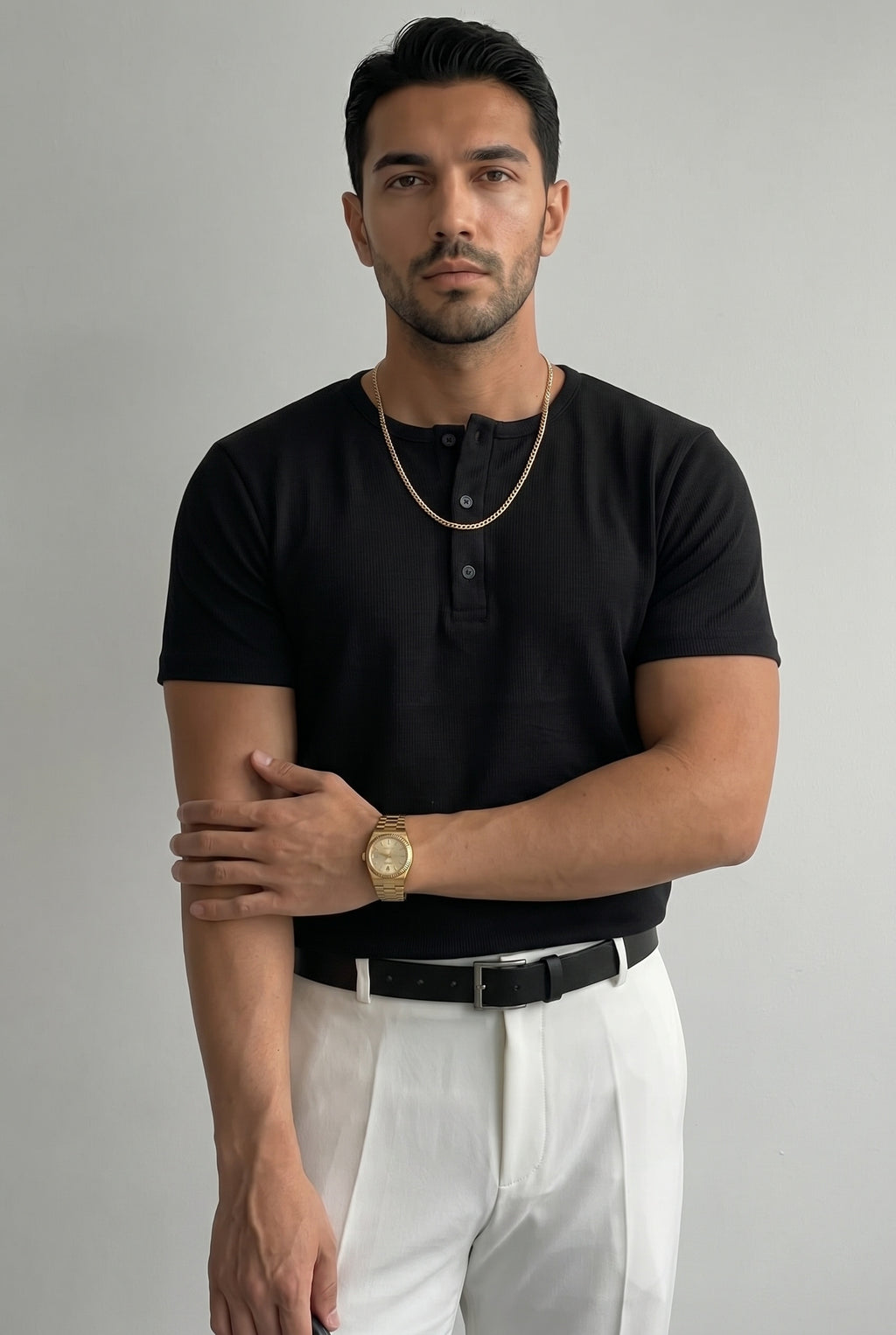 Erkek Siyah Henley Yaka Tişört Üç Düğmeli Patlı Fitilli Regular T-shirt