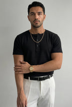Erkek Siyah Henley Yaka Tişört Üç Düğmeli Patlı Fitilli Regular T-shirt