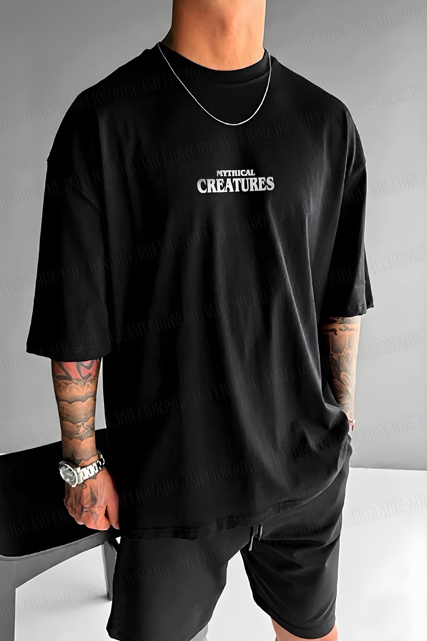 Erkek Siyah Creatures Oversize Fit Bol Geniş Kalıp Salaş Kesim T-shirt