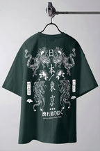 Erkek Dragon Baskılı Petrol Yeşili Bisiklet Yaka Oversize Salaş T-Shirt