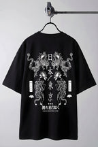 Erkek Dragon Baskılı Siyah Bisiklet Yaka Oversize Salaş T-Shirt