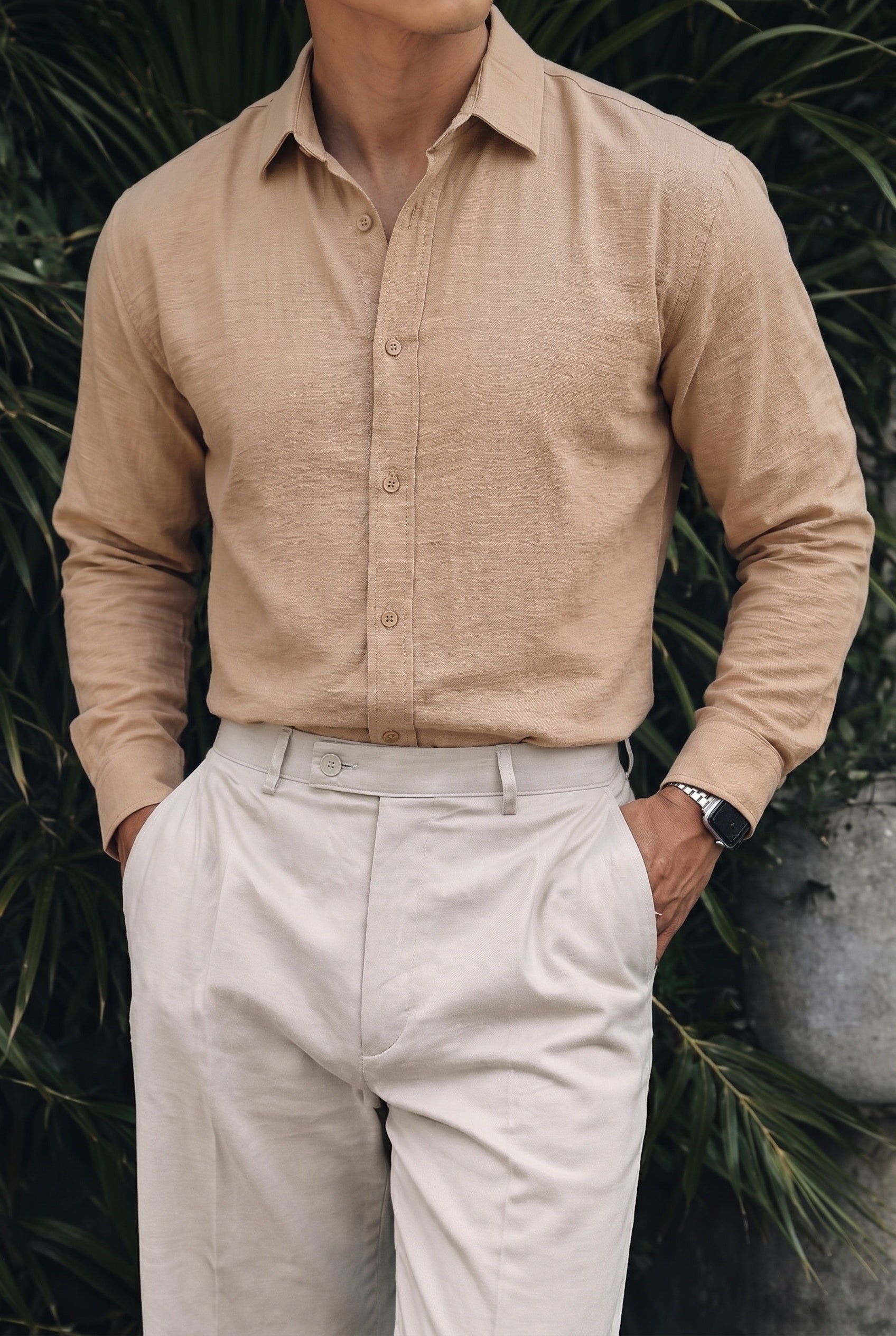 Nairobi Camel Renkli Soft Keten Görünümlü Yarım Oversize Rahat Kalıp Gömlek