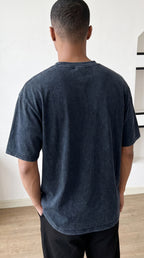 Erkek Lacivert Oversize Asit Yıkamalı Eskitme Efektli Boyalı T-Shirt