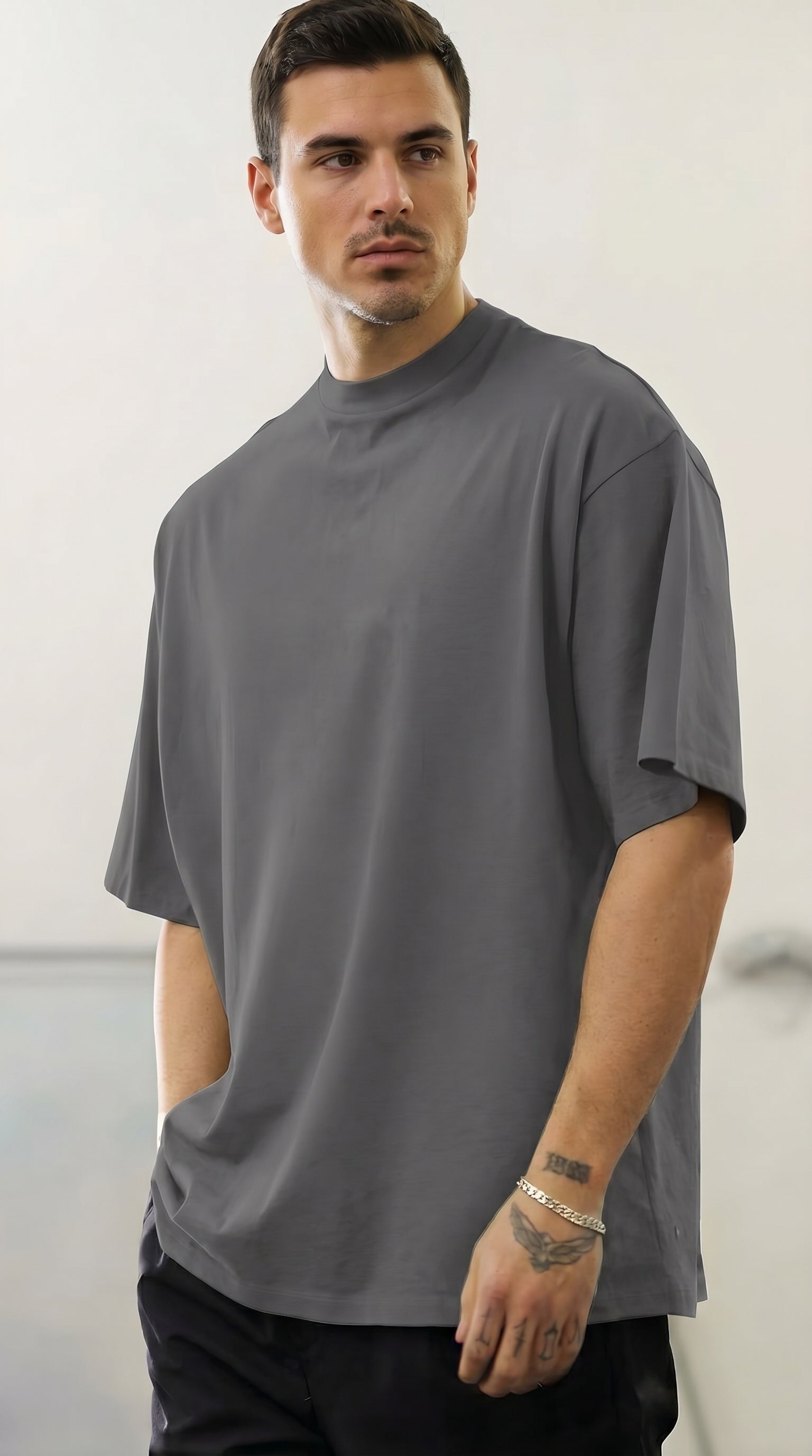 1 Adet Erkek Antrasit Melanj Basic Düz Baskısız Oversize Salas Loose Fit T-shirt