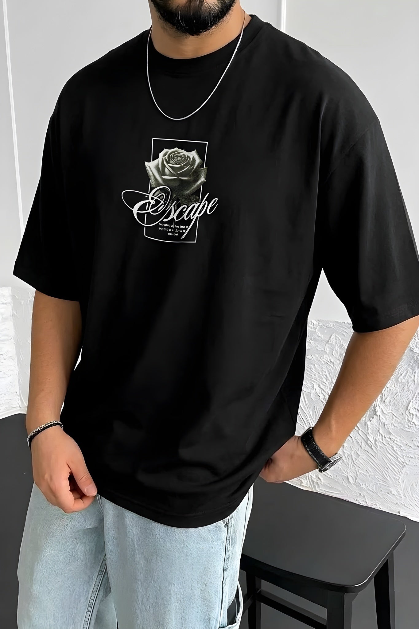 Erkek Siyah Black Rose Oversize Fit Bol Geniş Kalıp Salaş Kesim T-shirt