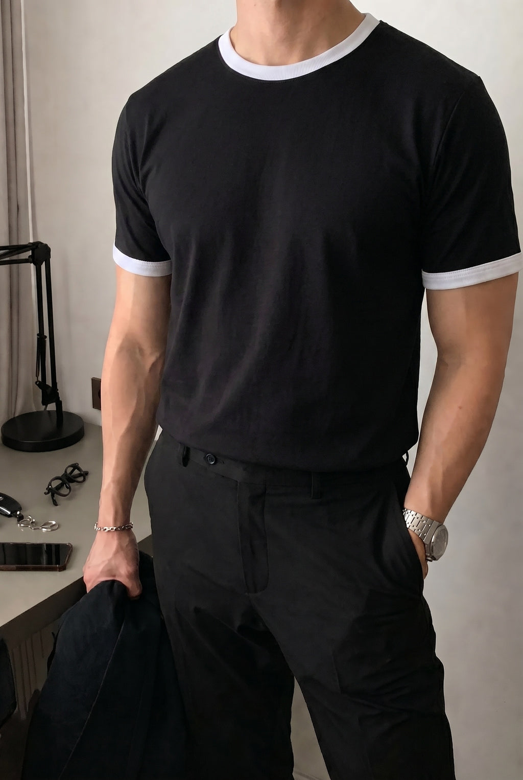Erkek Siyah Renkli Tişört Bisiklet Yaka Kol Garnili Regular T-shirt