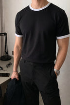 Erkek Siyah Renkli Tişört Bisiklet Yaka Kol Garnili Regular T-shirt
