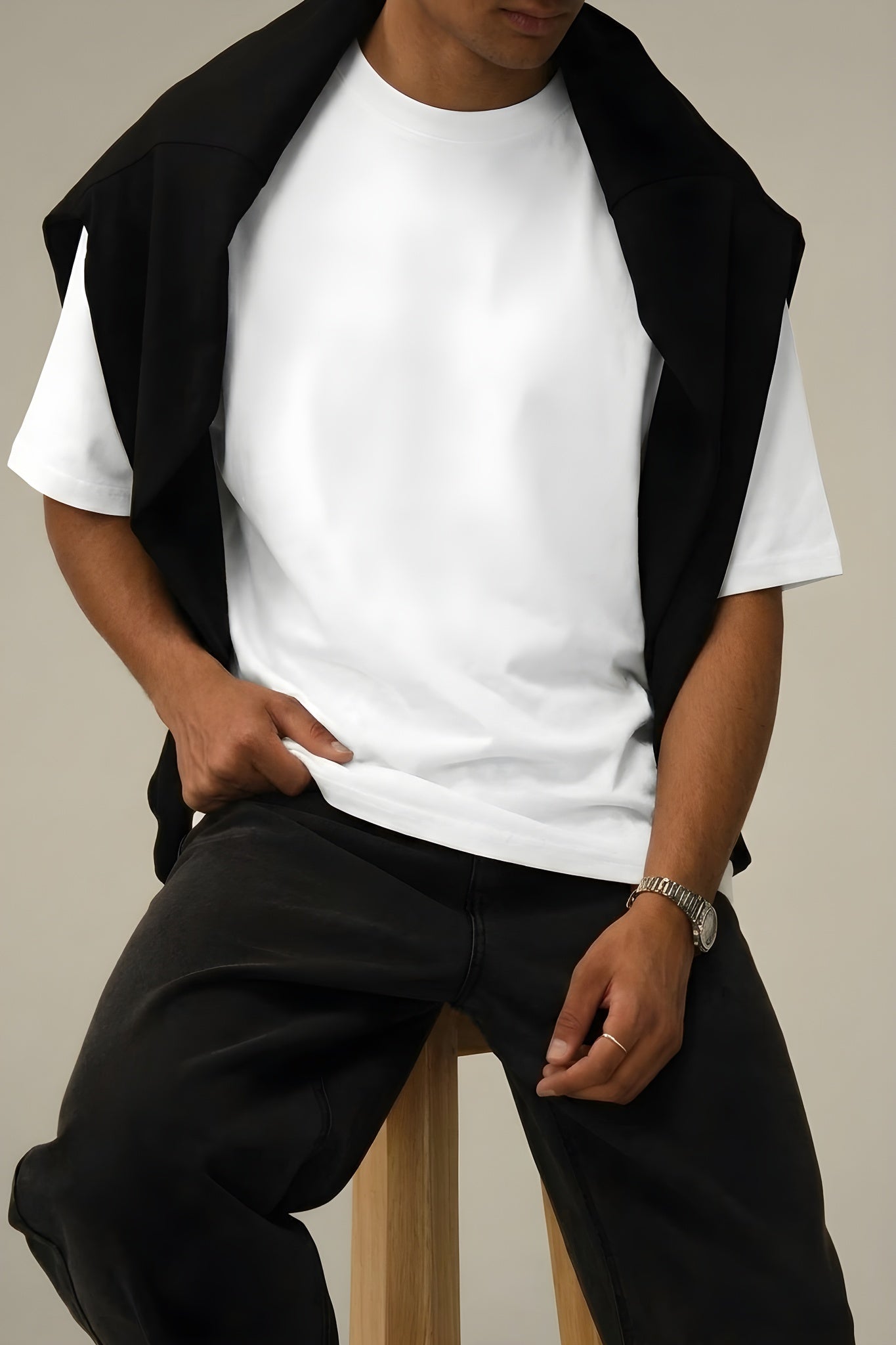 Erkek Beyaz Black Jack Oversize Fit Bol Geniş Kalıp Salaş Kesim T-shirt