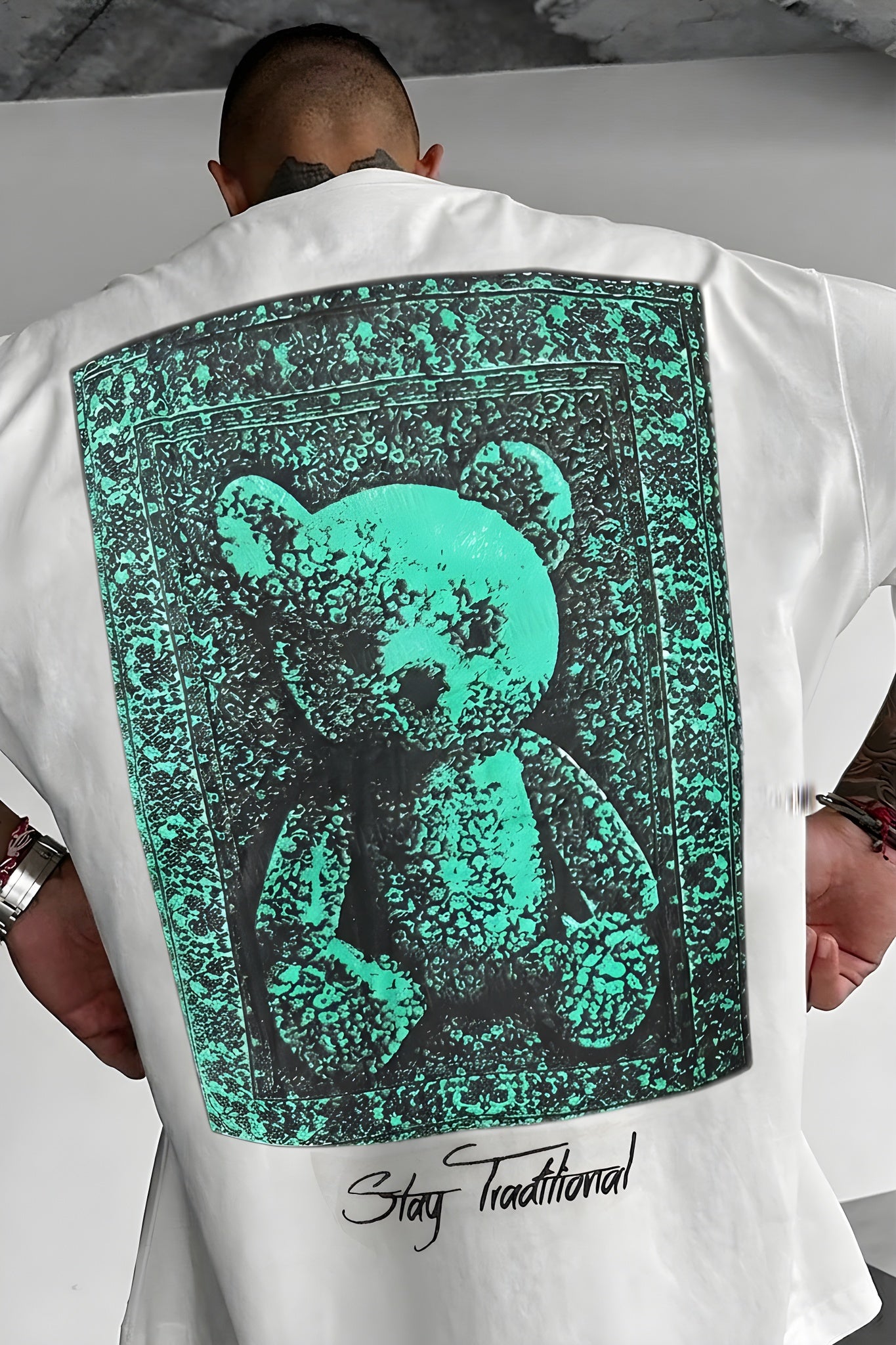Erkek Ekru Beyaz Traditional Ayıcık Teddy Bear Oversize Fit Bol Geniş Kalıp Salaş Kesim T-shirt