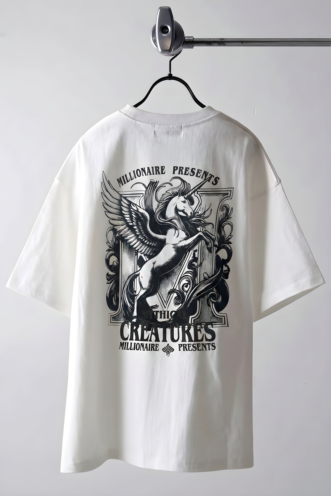Erkek Ekru Beyaz Creatures Oversize Fit Bol Geniş Kalıp Salaş Kesim T-shirt