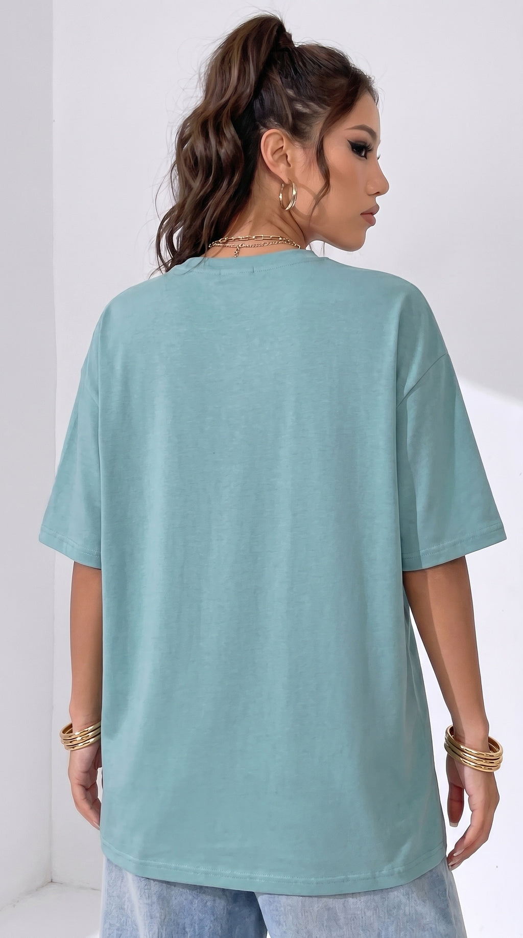 Kadın Turkuaz Basic Düz Baskısız Oversize Salas T-shirt