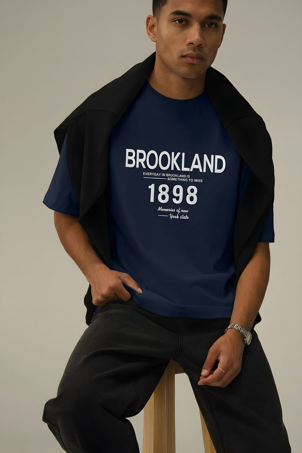 Erkek 1898 Baskılı Lacivert Oversize Salas T-Shirt