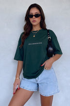 Kadın Dragon Baskılı Petrol Yeşili Bisiklet Yaka Oversize Salaş T-Shirt