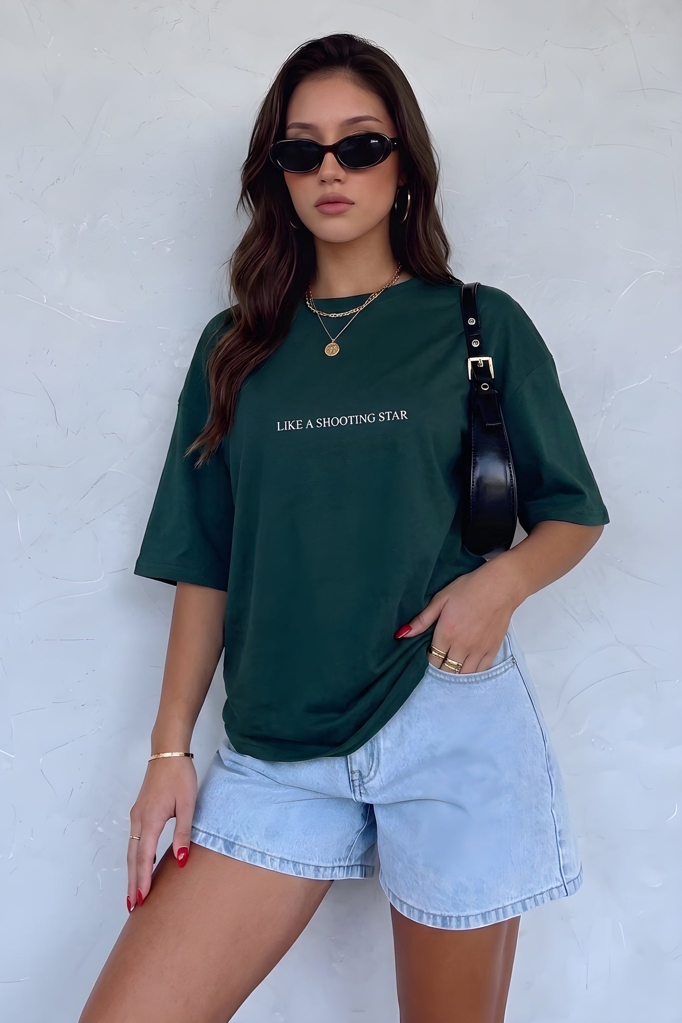 Kadın Dragon Baskılı Petrol Yeşili Bisiklet Yaka Oversize Salaş T-Shirt