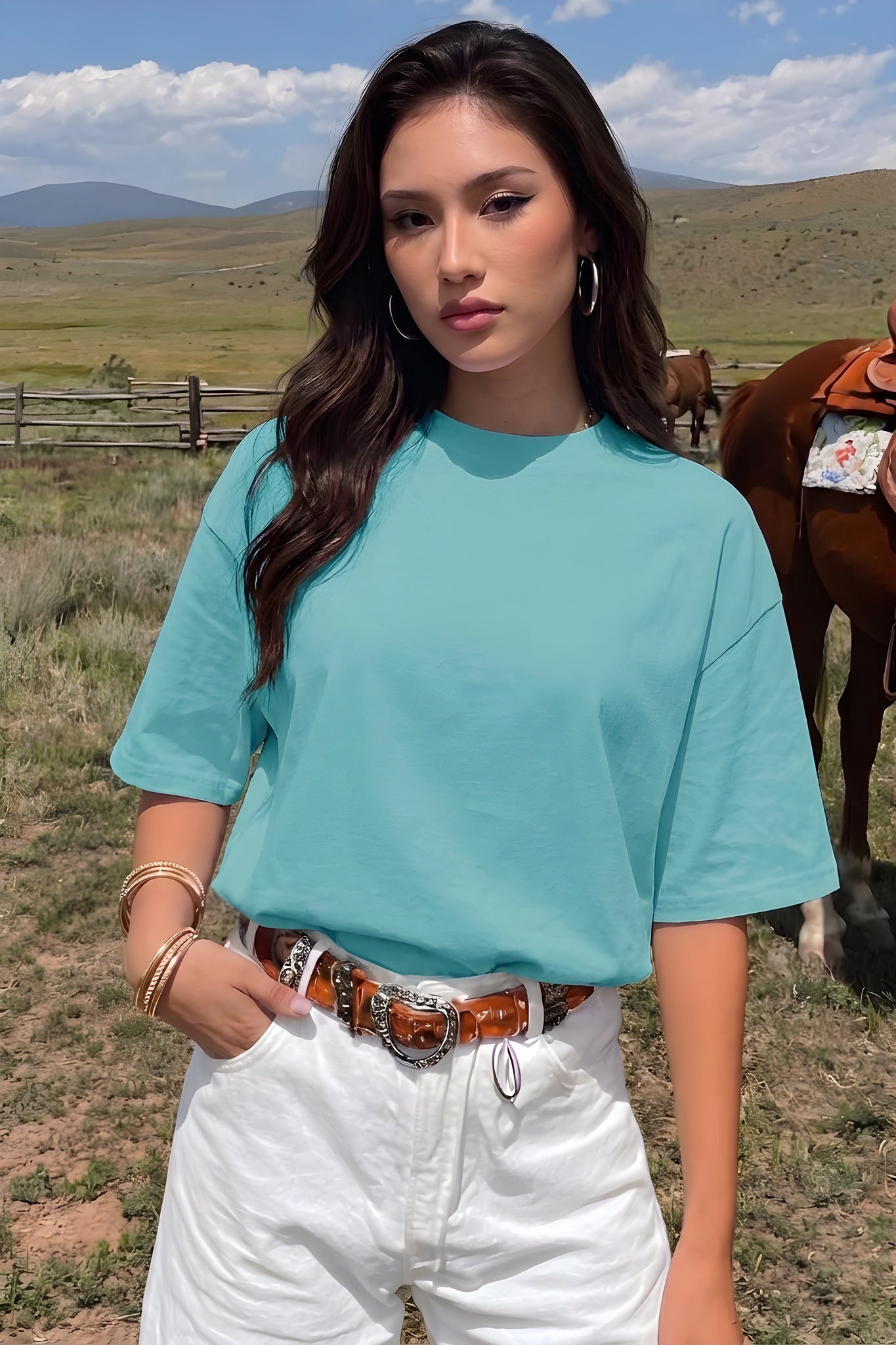 Kadın Mint Yeşili Basic Düz Baskısız Oversize Salas T-Shirt
