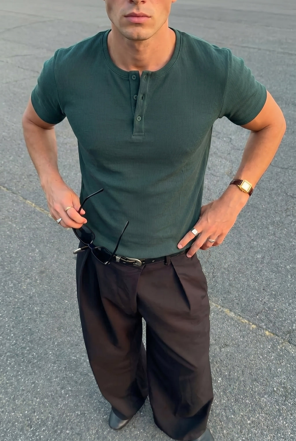 Erkek Haki Henley Yaka Tişört Üç Düğmeli Patlı Fitilli Regular T-shirt