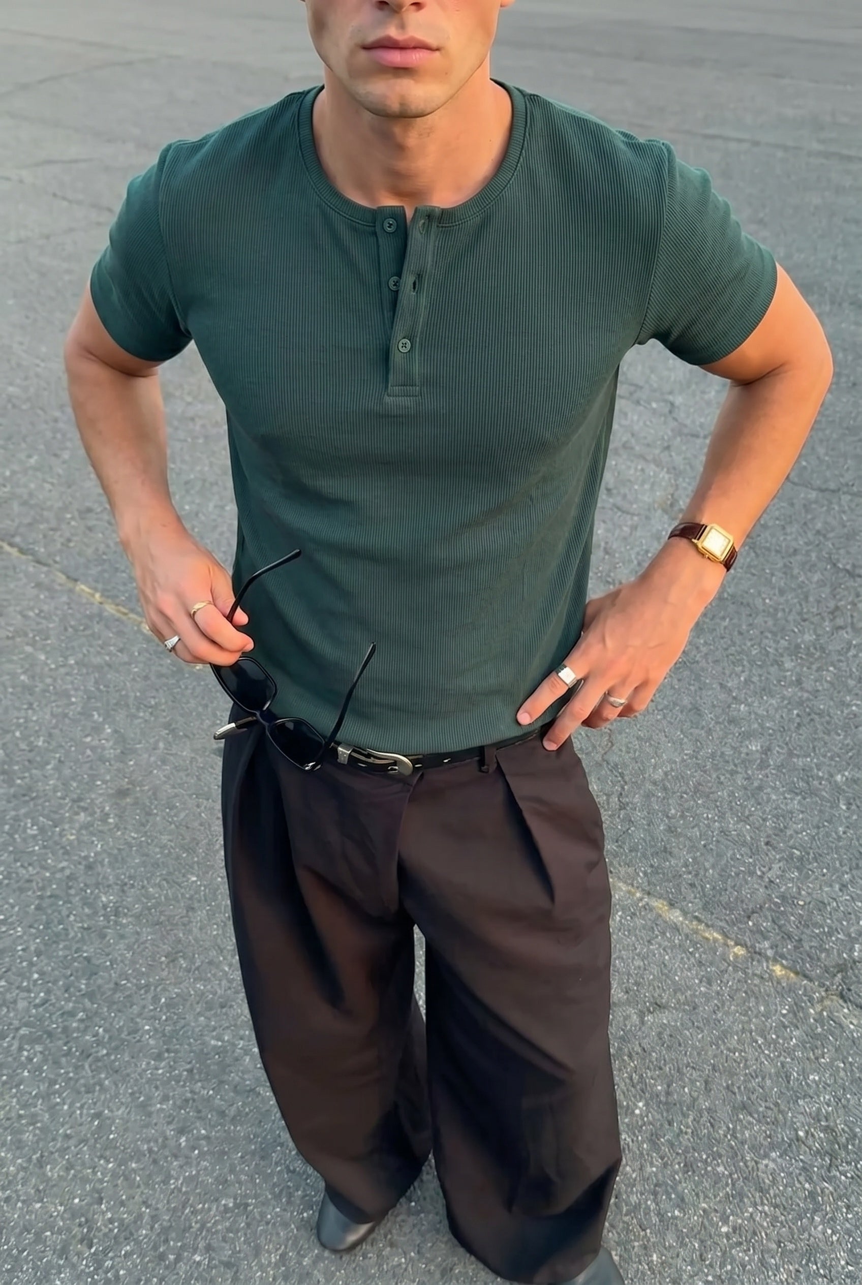 Erkek Haki Henley Yaka Tişört Üç Düğmeli Patlı Fitilli Regular T-shirt