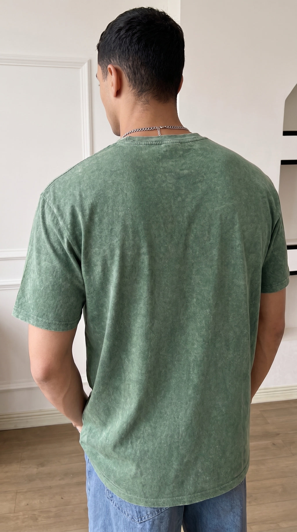 Erkek Petrol Yeşili Regular Asit Yıkamalı Eskitme Efektli Boyalı T-Shirt
