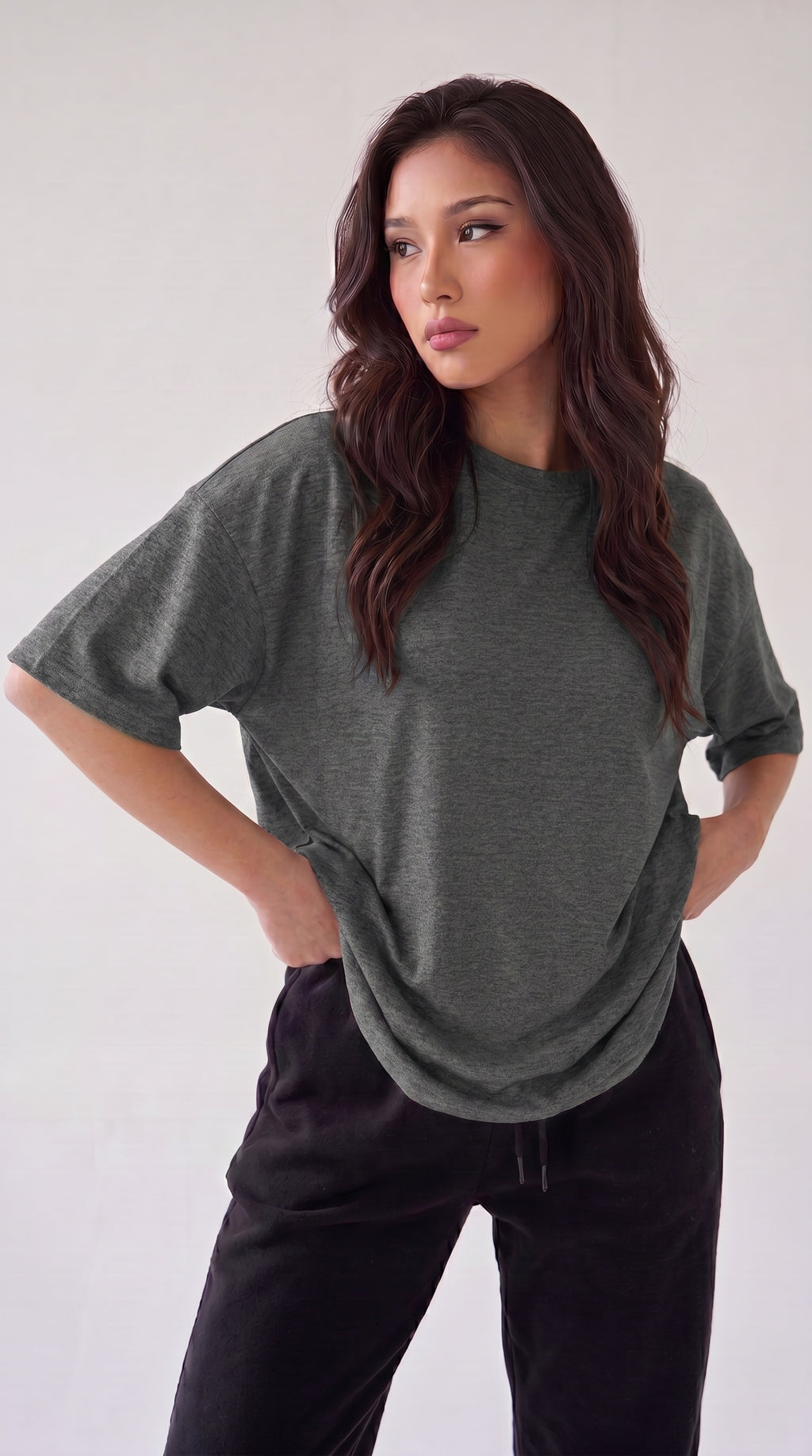 Kadın Antrasit Melanj Basic Düz Baskısız Oversize Salas T-shirt