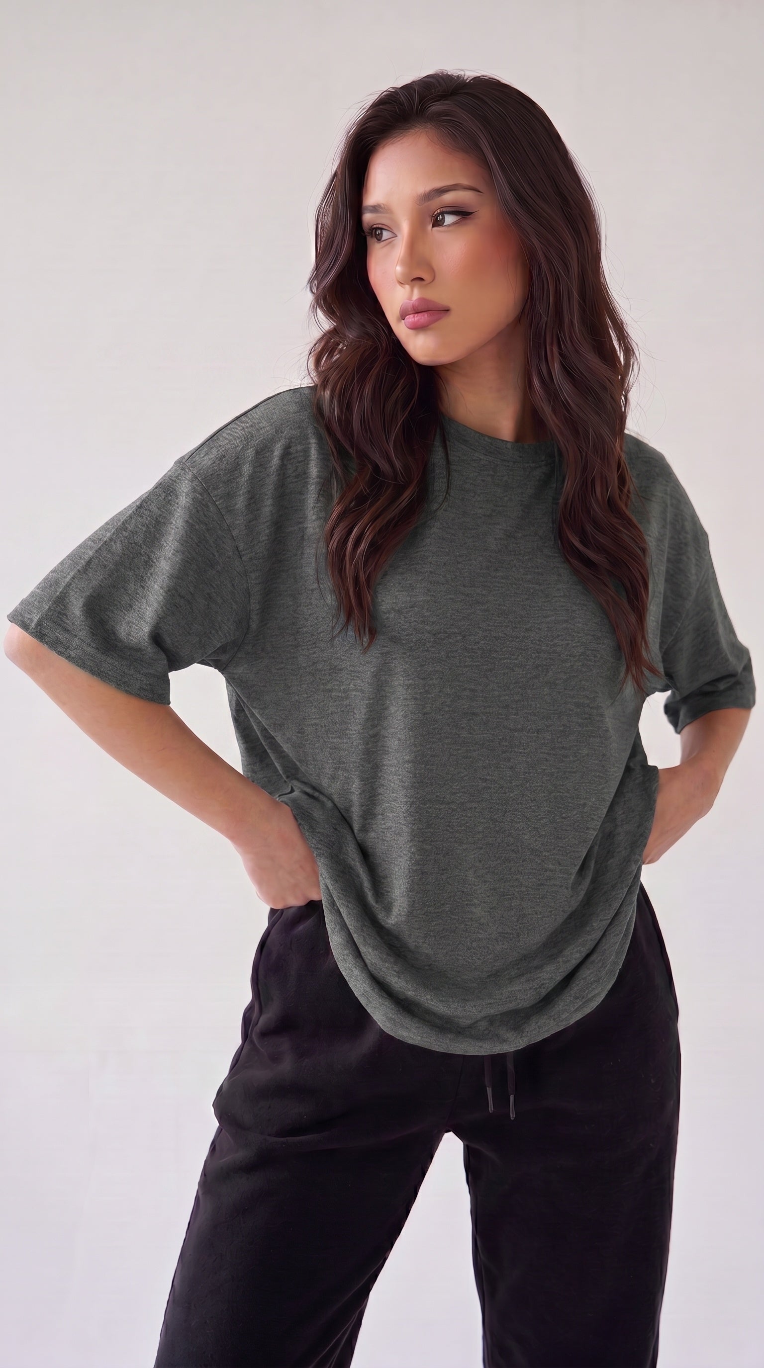 Kadın Antrasit Melanj Basic Düz Baskısız Oversize Salas T-shirt