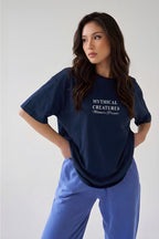 Kadın Mythical Pegasus Baskılı Lacivert Bisiklet Yaka Oversize Salaş T-Shirt