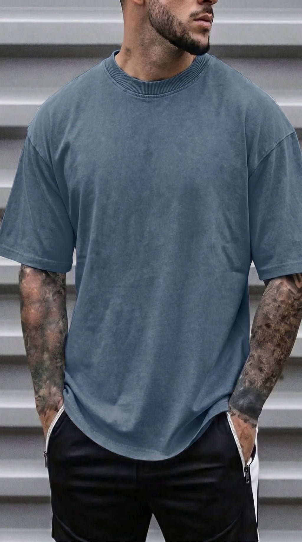Erkek Mavi Oversize Asit Yıkamalı Eskitme Efektli Boyalı T-Shirt