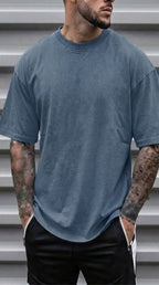 Erkek Mavi Oversize Asit Yıkamalı Eskitme Efektli Boyalı T-Shirt