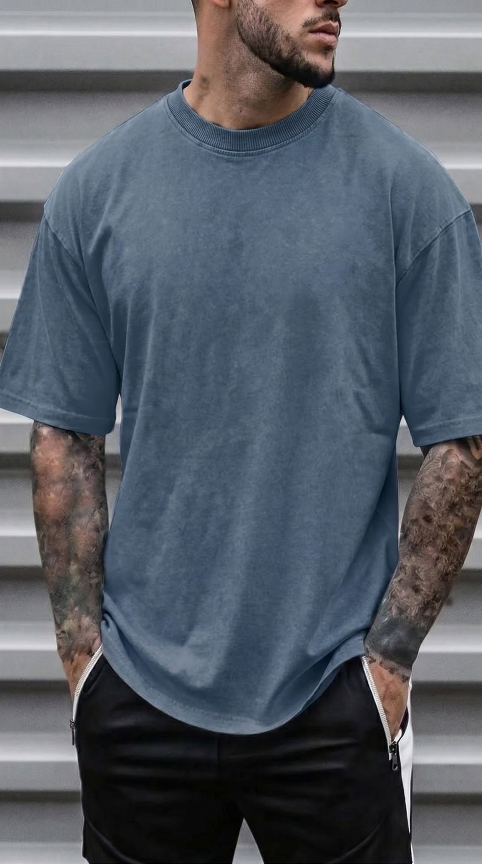 Erkek Mavi Oversize Asit Yıkamalı Eskitme Efektli Boyalı T-Shirt