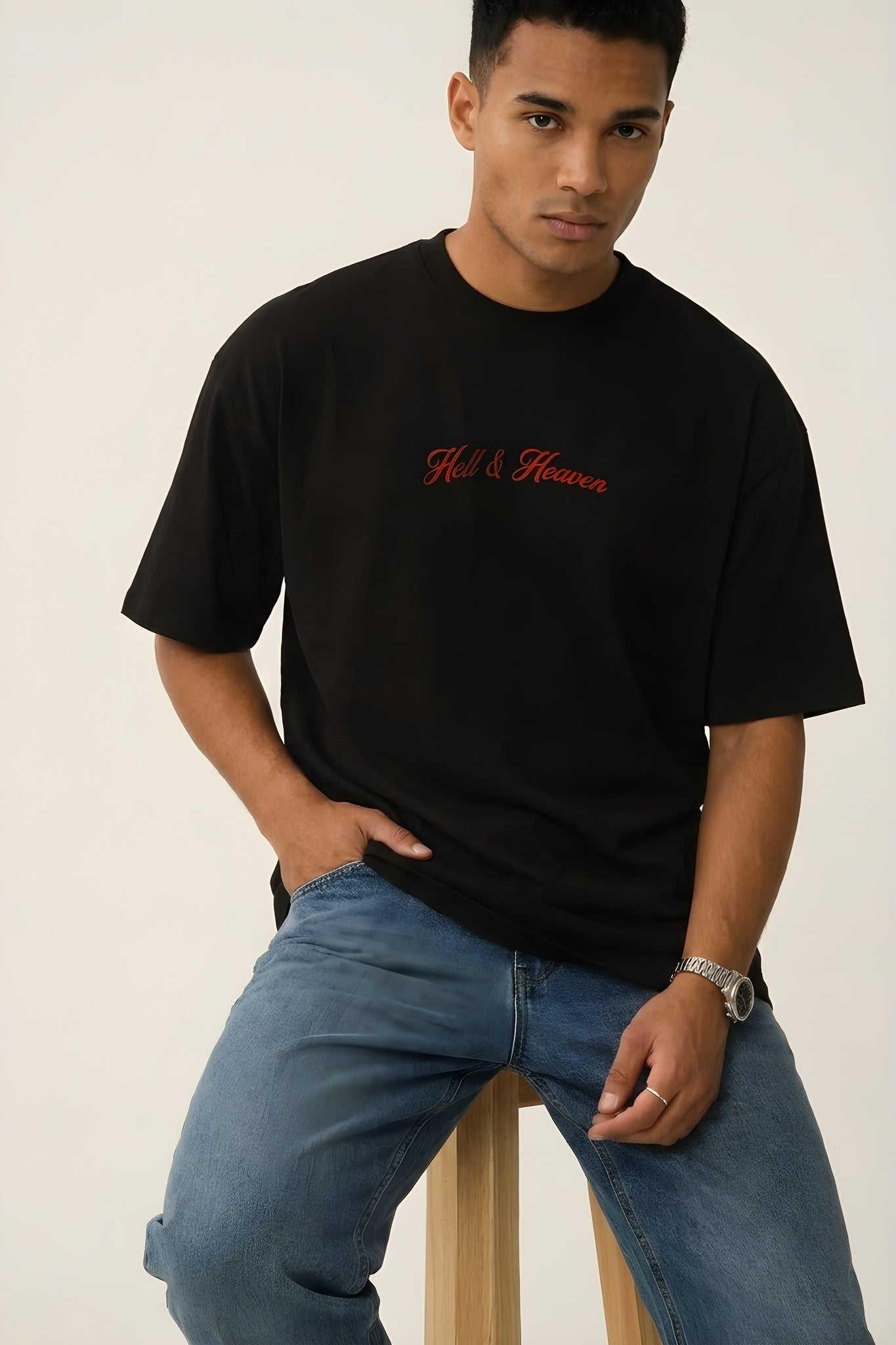 Erkek Siyah Devil And Angel Oversize Fit Bol Geniş Kalıp Salaş Kesim T-shirt