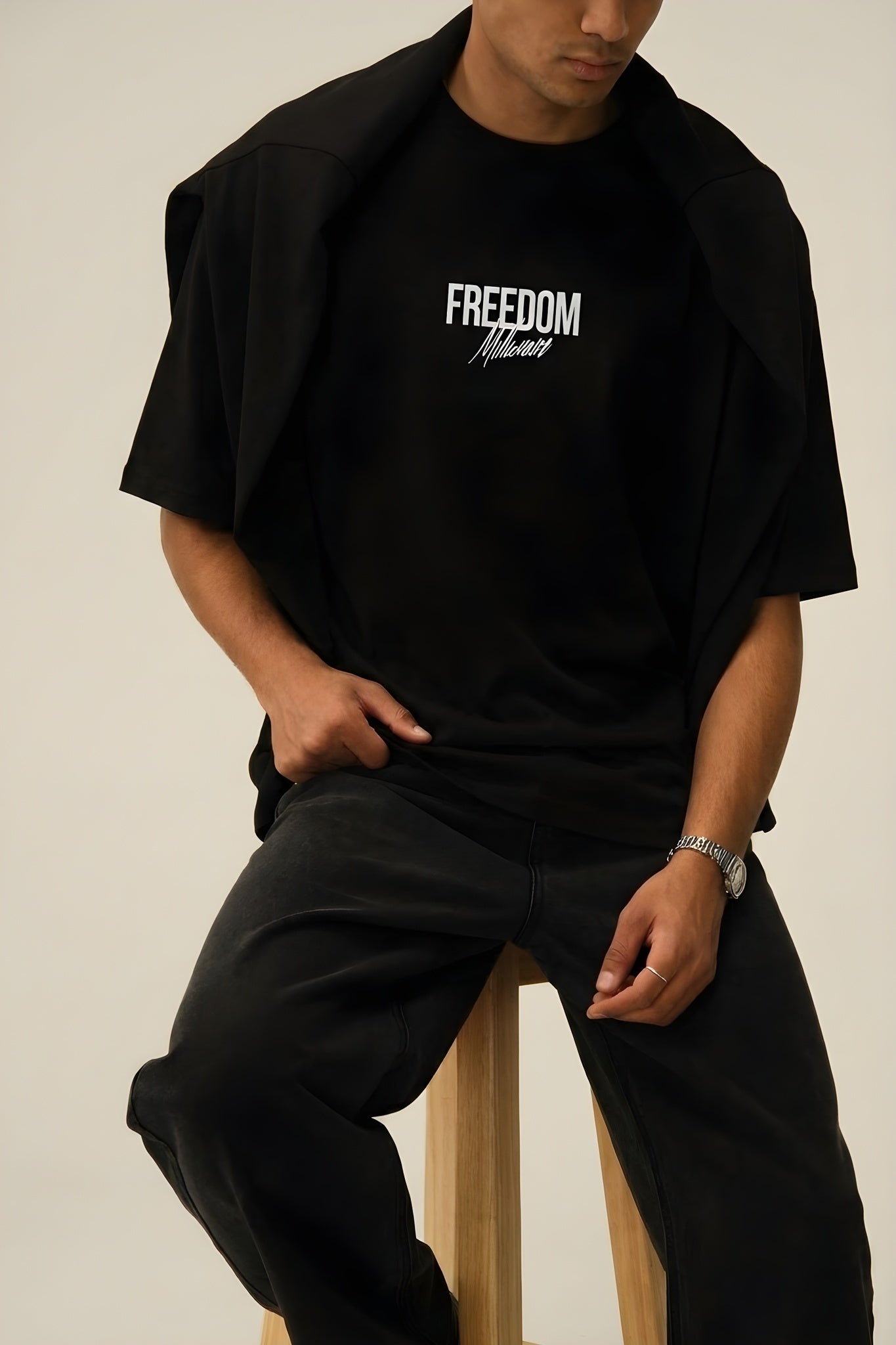 Erkek Freedom Kanat Baskılı Siyah Oversize Salaş T-Shirt