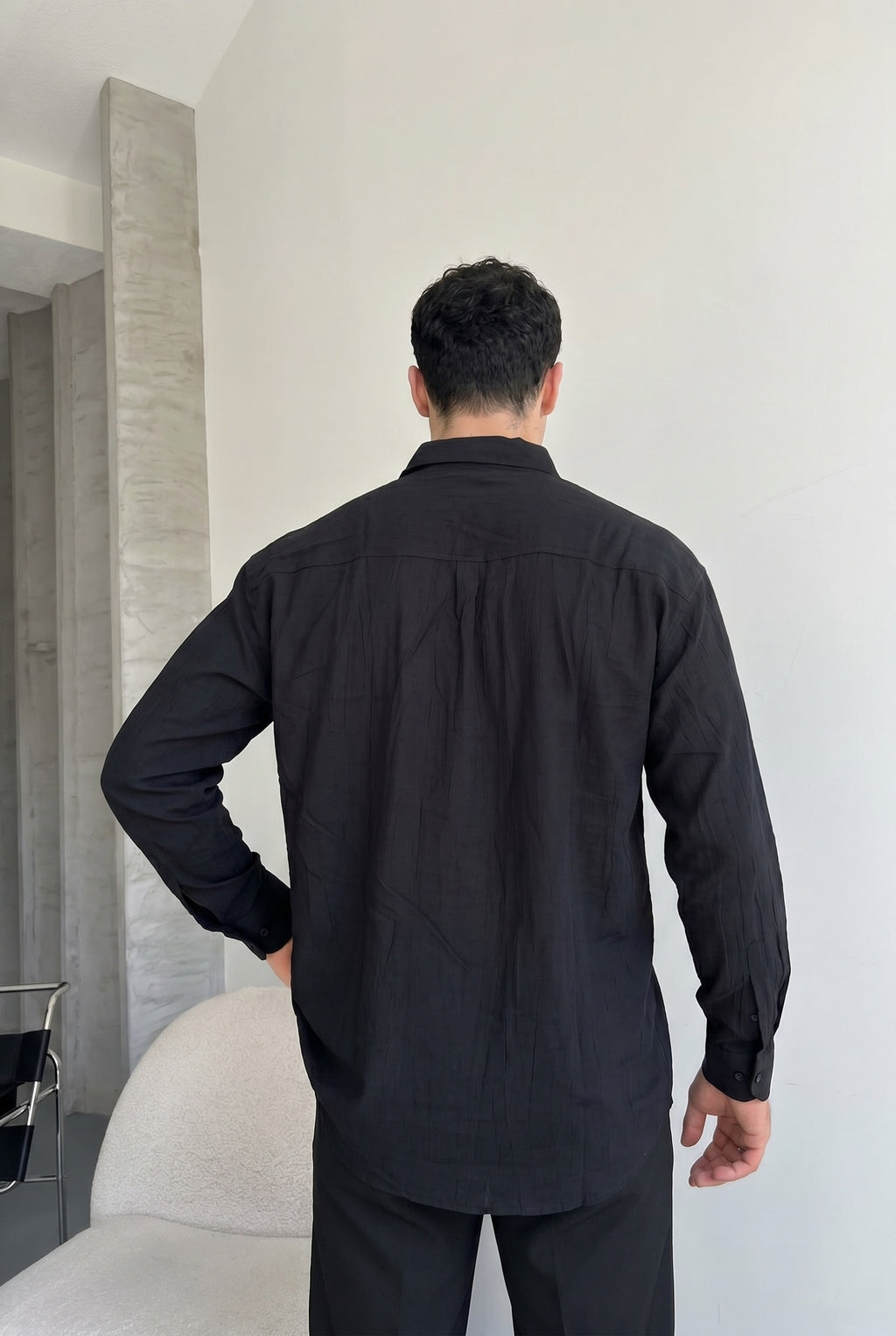 Denver Siyah Renkli Ağaç Kabuğu Desenli Yarım Oversize Rahat Kalıp Gömlek
