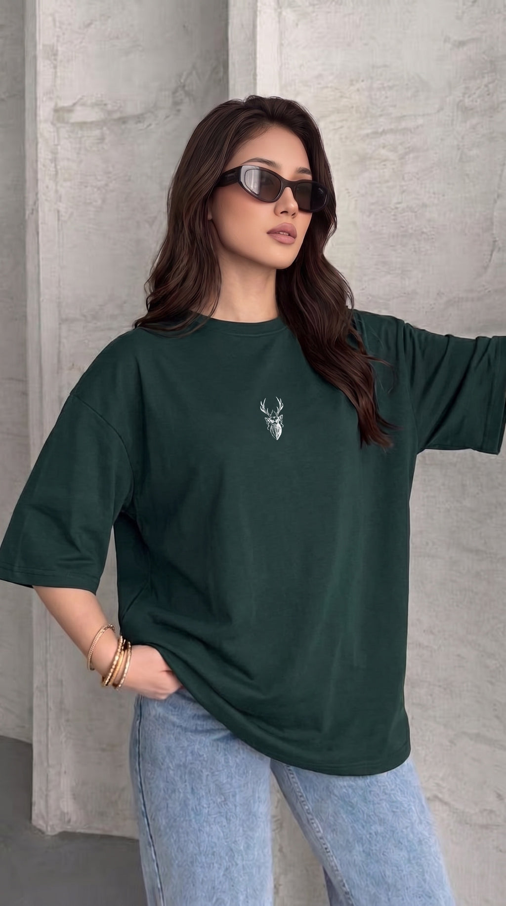 Kadın Koyu Petrol Yeşil Geyik Oversize Salas Boyfriend T-shirt