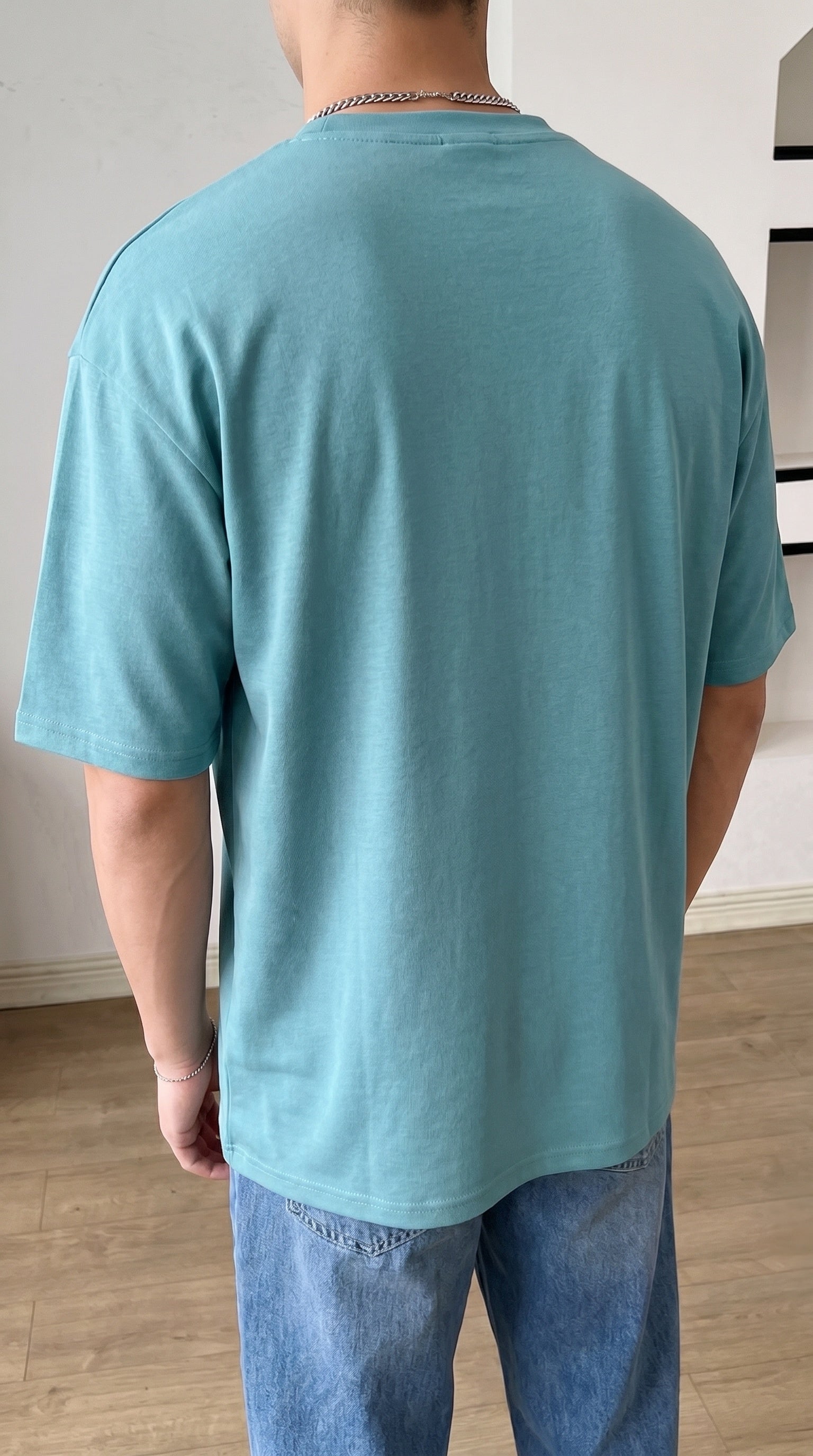 1 Adet Erkek Turkuaz Basic Düz Baskısız Oversize Salas Loose Fit T-shirt