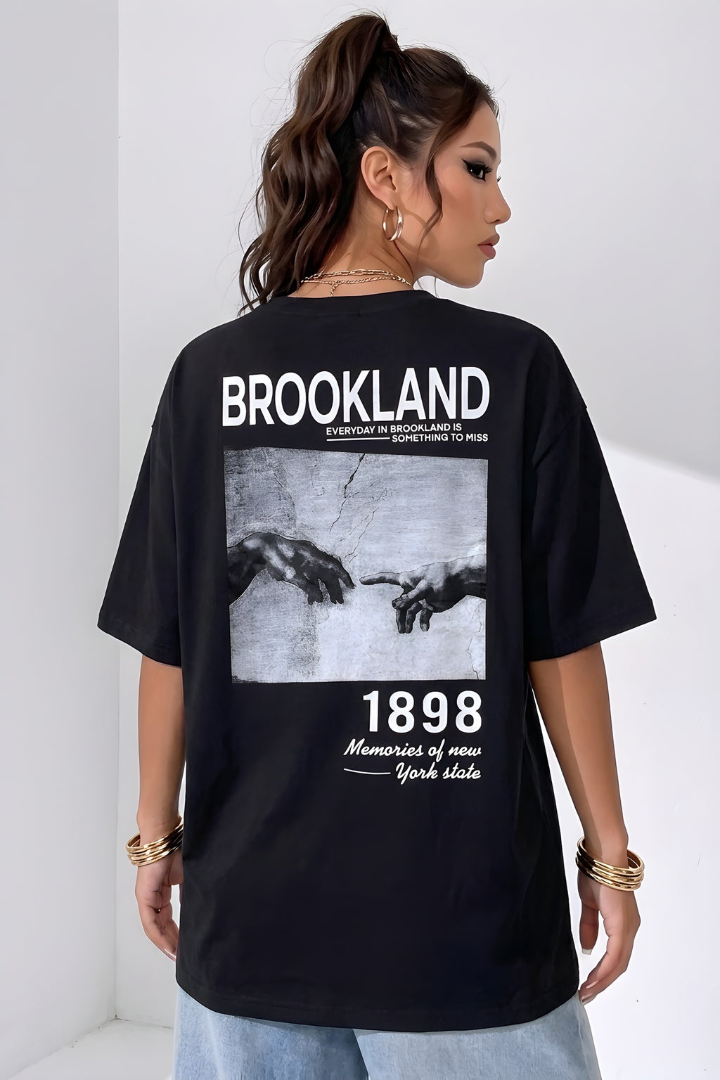 Kadın Lacivert 1898 Baskılı Oversize Salas Boyfriend T-Shirt