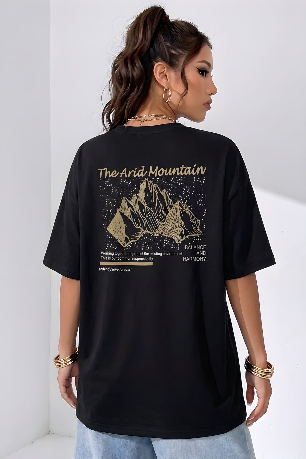 Arid Mountain Siyah Oversize Salas Boyfriend Kadın T-Shirt