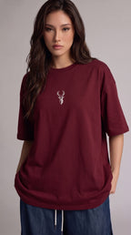 Kadın Bordo Geyik Oversize Salas Boyfriend T-shirt