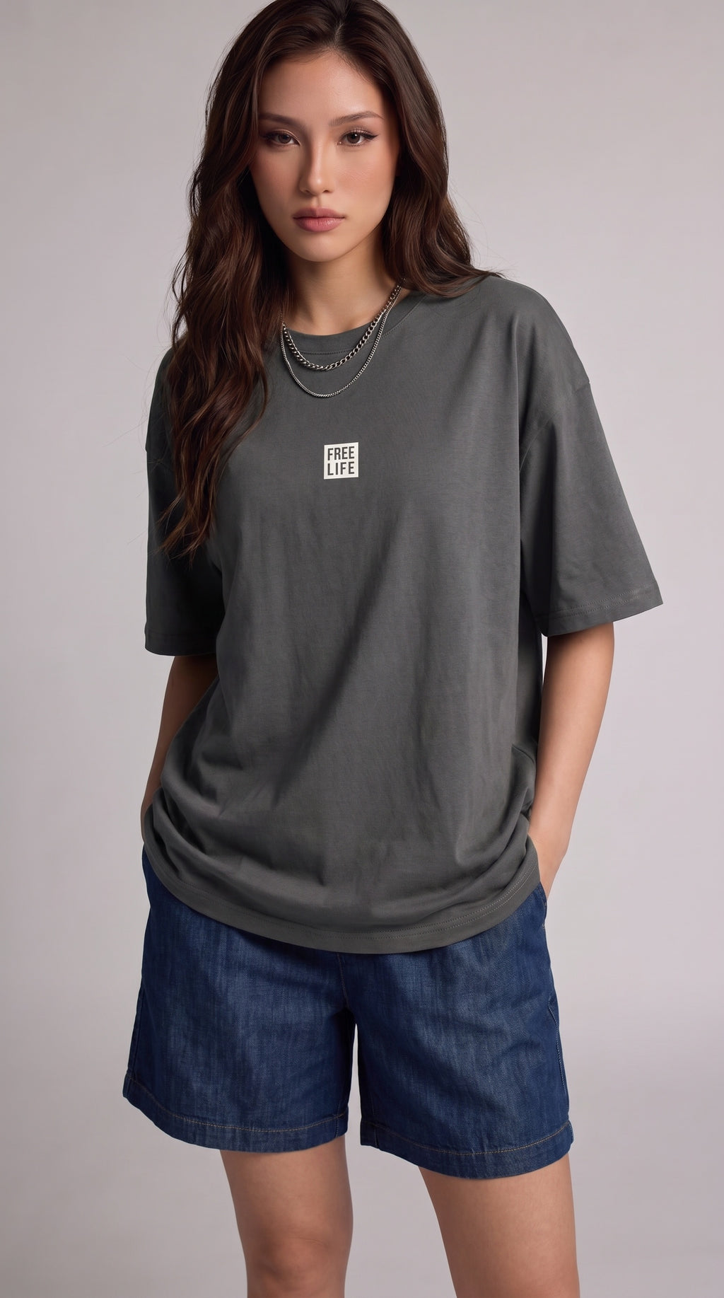 Kadın Free Life Füme Bisiklet Yaka Oversize Salas T-Shirt