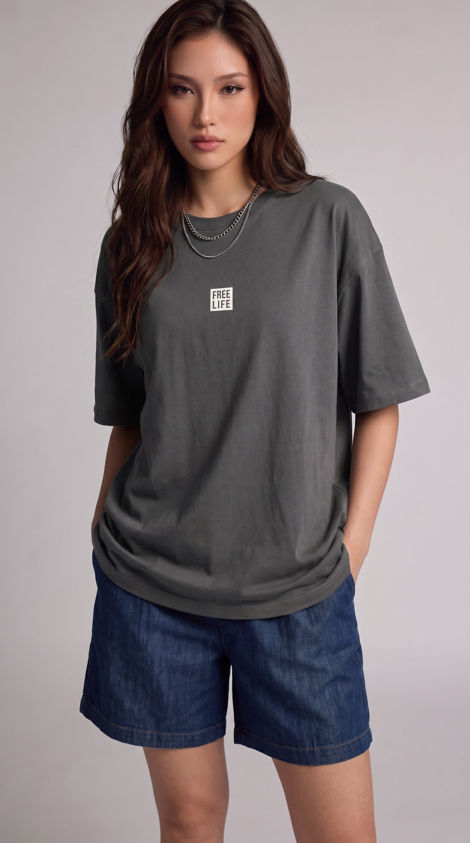 Kadın Free Life Füme Bisiklet Yaka Oversize Salas T-Shirt