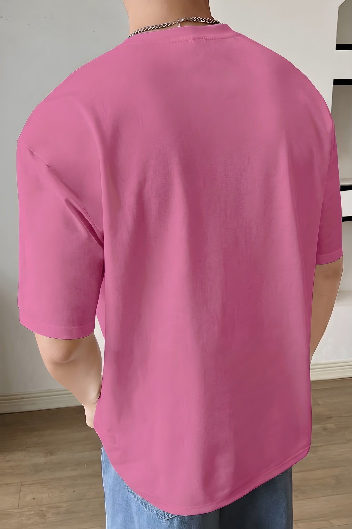 Erkek Fuşya Pembe Black Rose Oversize Fit Bol Geniş Kalıp Salaş Kesim T-shirt