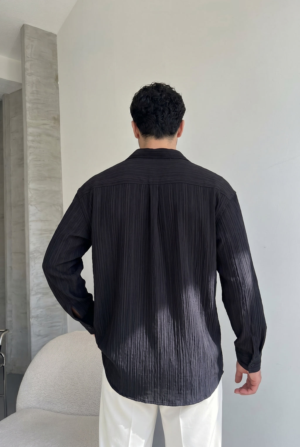 Tokyo Siyah Renkli Dokulu Kumaş Overize Rahat Kalıp Gömlek