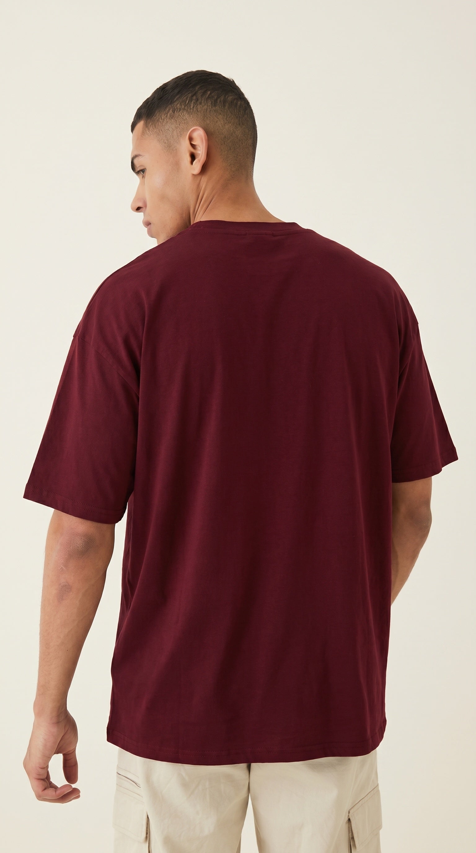 Erkek Bordo Free Life Bisiklet Yaka Oversize Salas T-Shirt