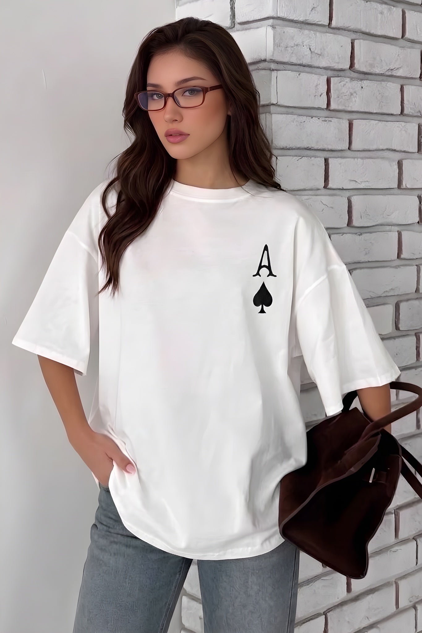 Kadın Maça As Baskılı Beyaz Oversize T-Shirt