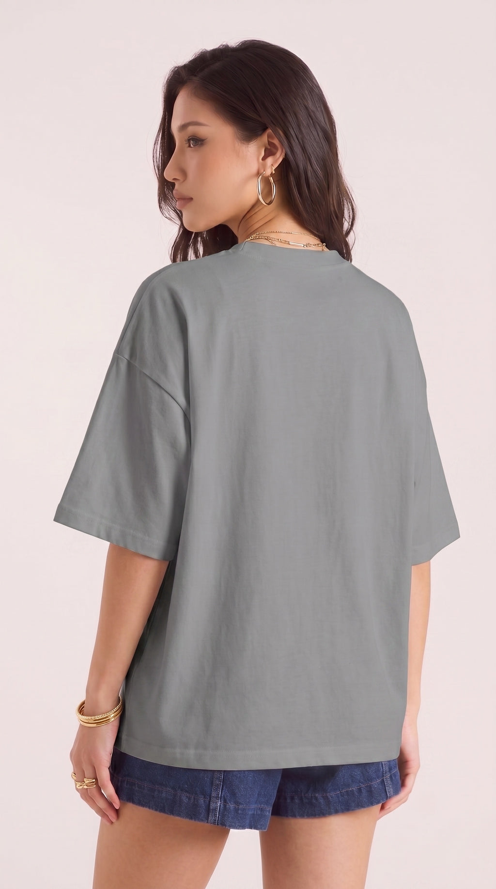 Kadın Gri Basic Düz Baskısız Oversize Salas T-shirt