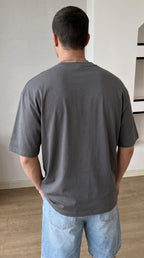 Erkek Antrasit Gri Melanj Geyik Baskılı Oversize Fit Bol Geniş Kalıp Salaş Kesim T-shirt
