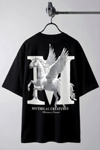 Erkek Mythical Pegasus Baskılı Siyah Bisiklet Yaka Oversize Salaş T-Shirt