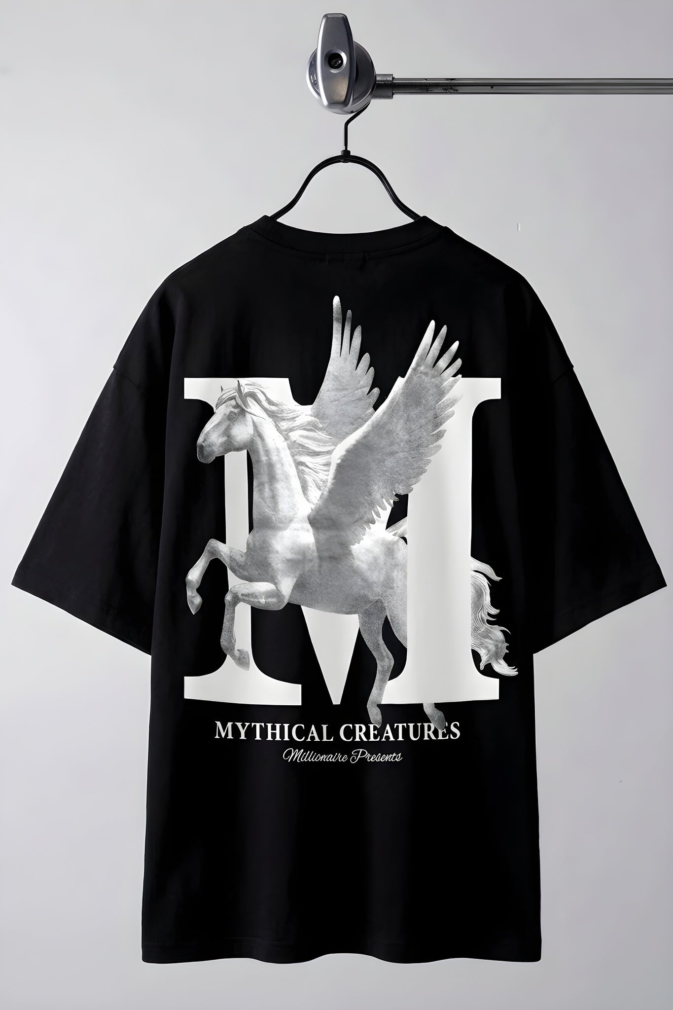 Erkek Mythical Pegasus Baskılı Siyah Bisiklet Yaka Oversize Salaş T-Shirt