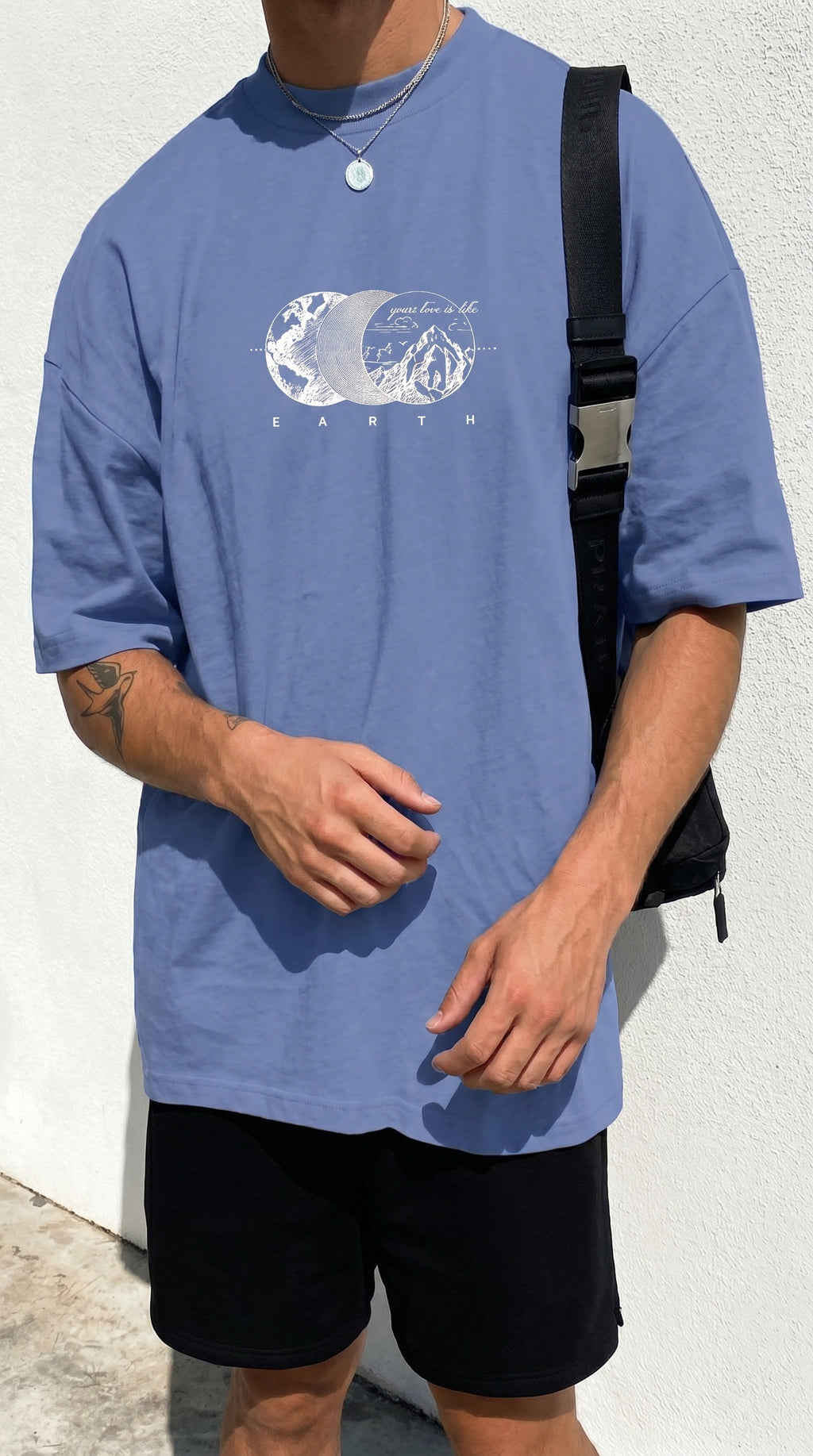 Erkek Mavi Earth Oversize Fit Bol Geniş Kalıp Salaş Kesim T-shirt