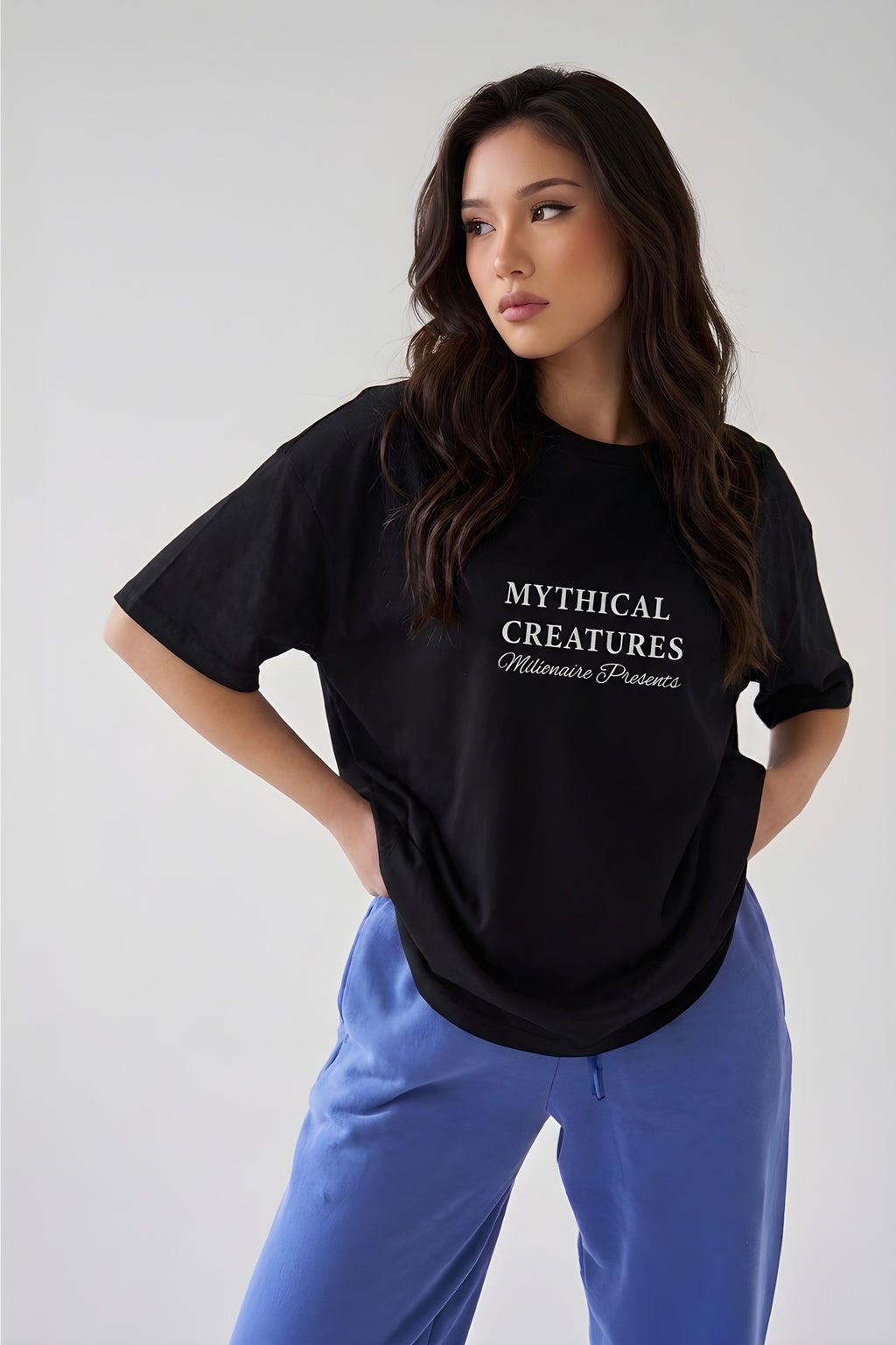 Kadın Mythical Pegasus Baskılı Siyah Bisiklet Yaka Oversize Salaş T-Shirt